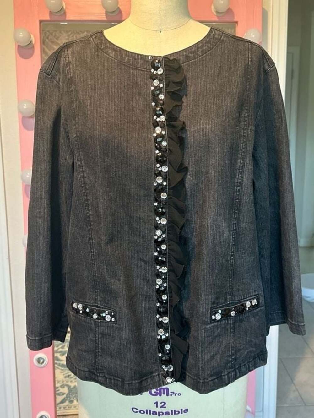NWOT JM Collection Women's Denim Jacket Embellished Ruffle Gems Size 18